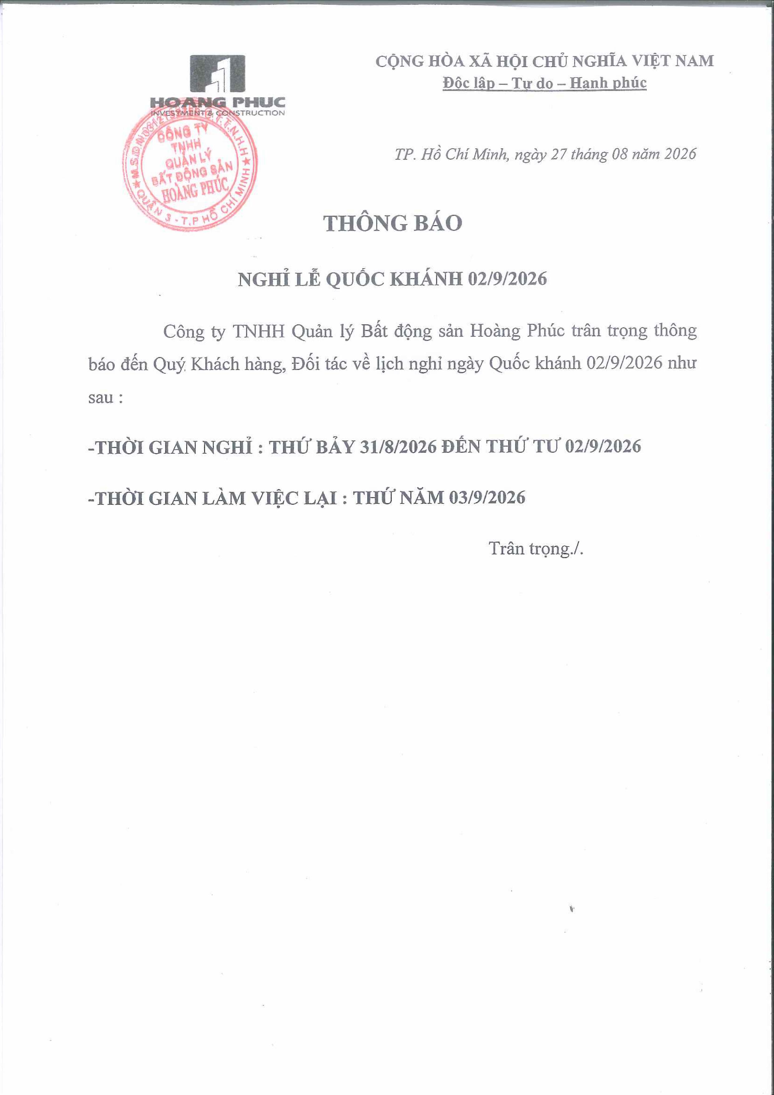 THÔNG BÁO NGHỈ LỄ 2/9