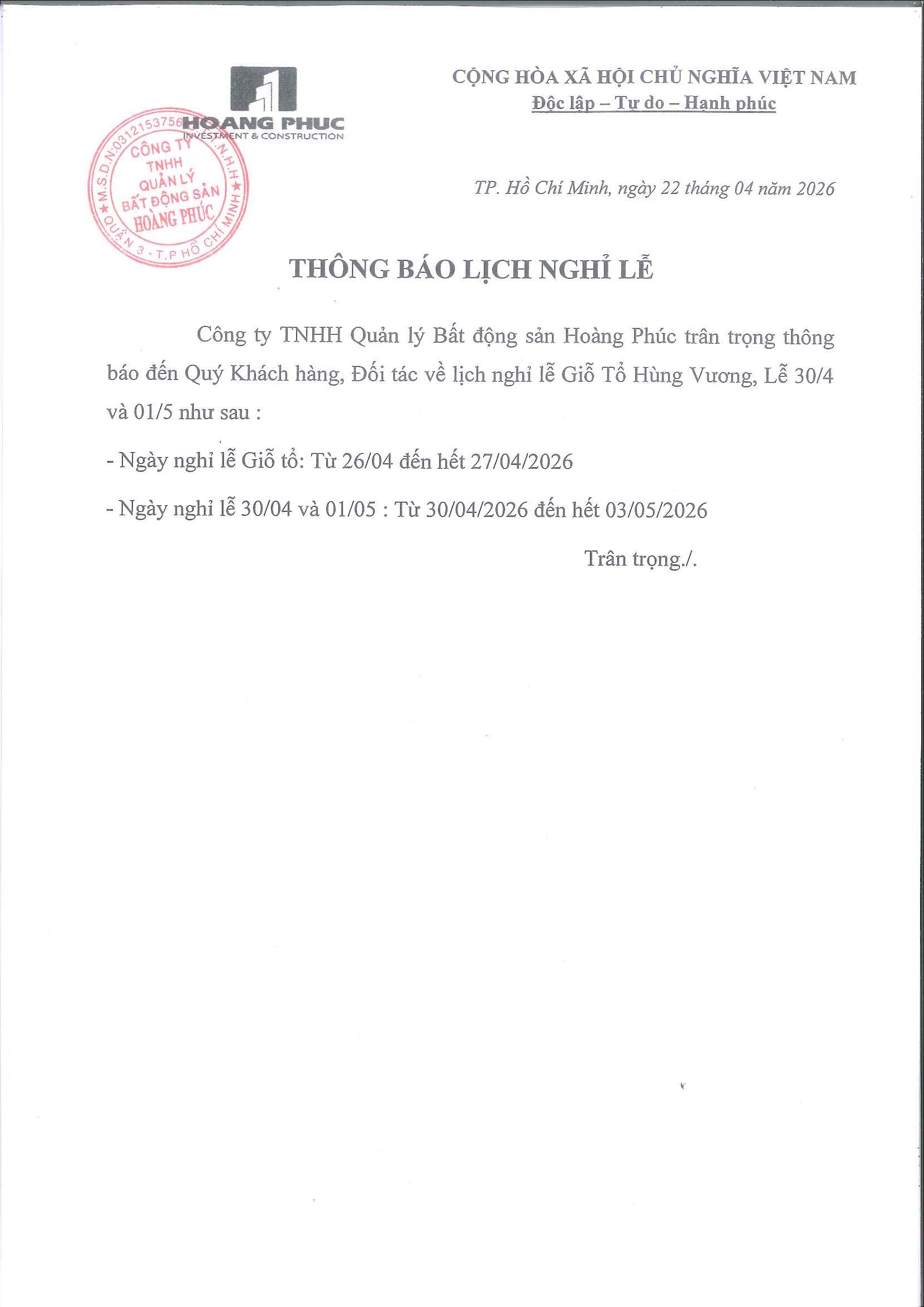 THÔNG BÁO NGHỈ LỄ